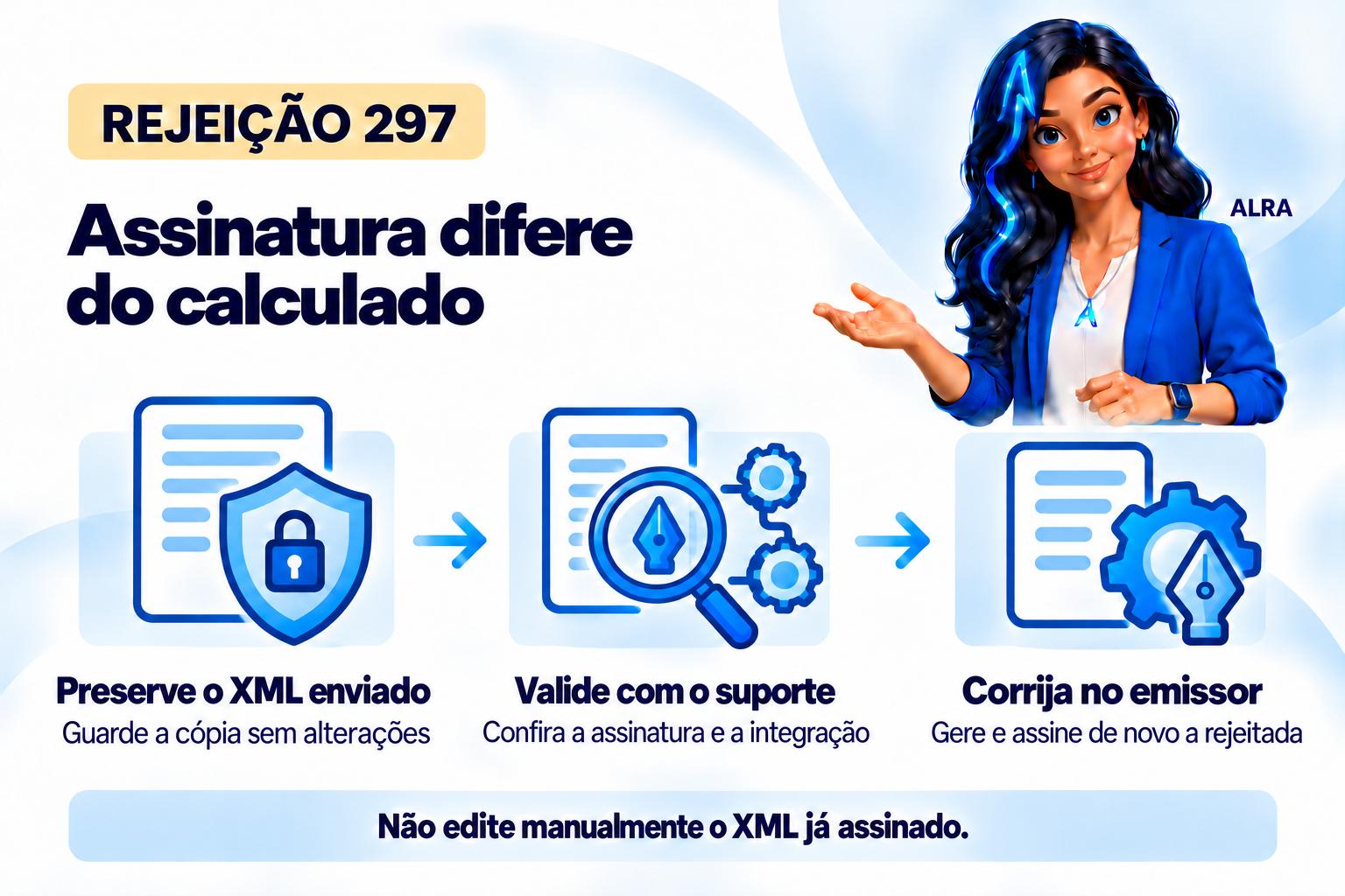 Capa ilustrada da ALRA: Rejeição 297: como investigar a divergência na assinatura do XML.