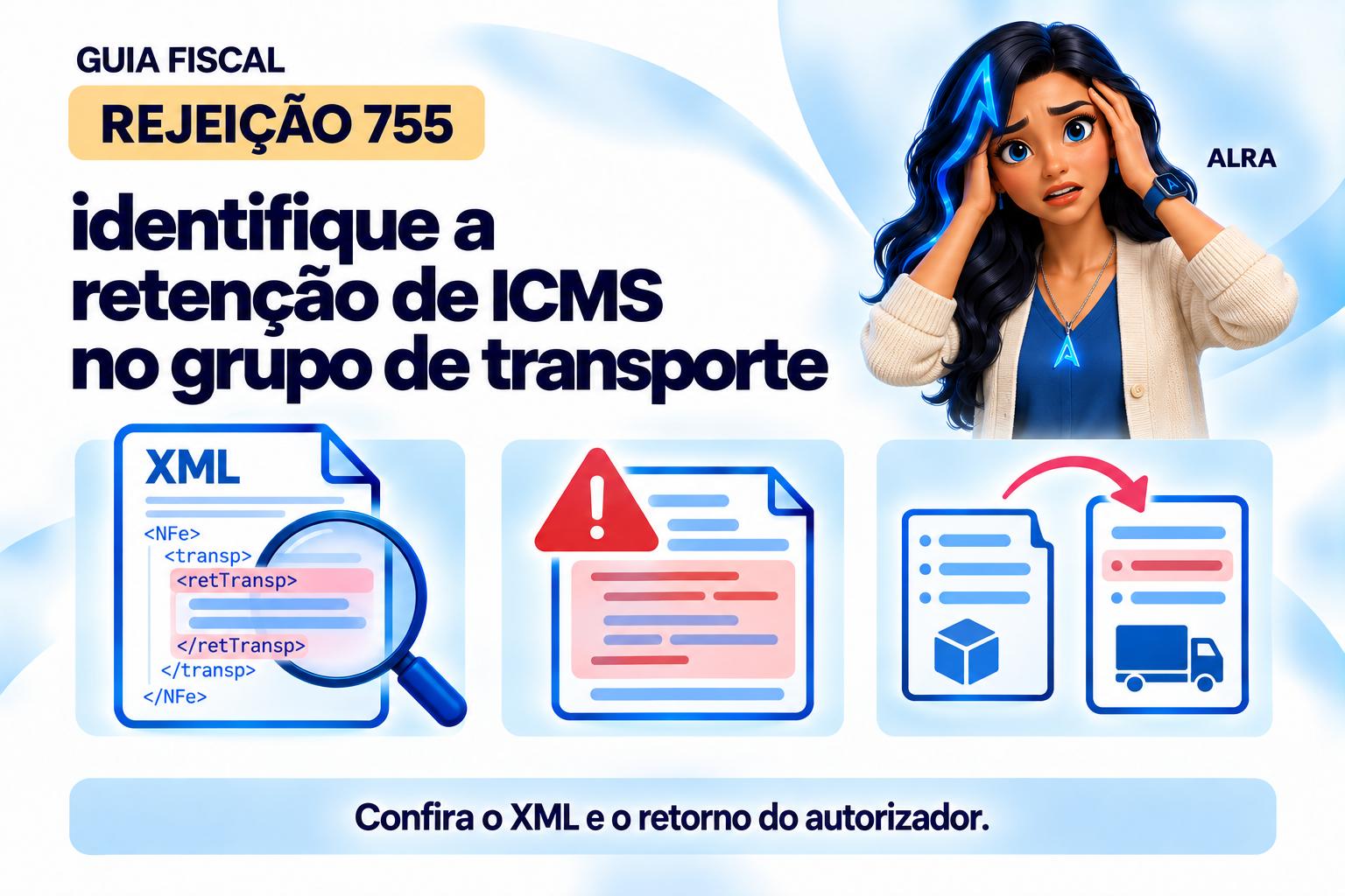 Capa ilustrada da ALRA: Rejeição 755: identifique a retenção de ICMS no grupo de transporte.